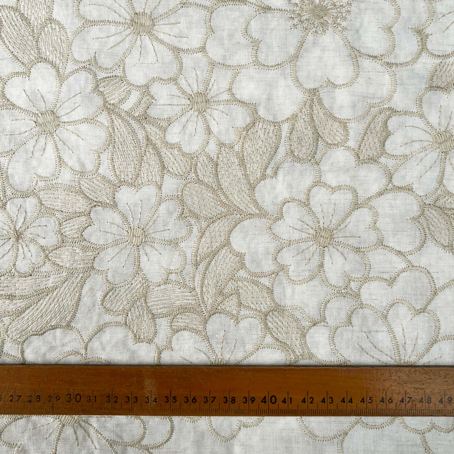 Vintage_Embroidered_Cotton_Floral_Sand_169gsm_Dress_Fabric_Ruler