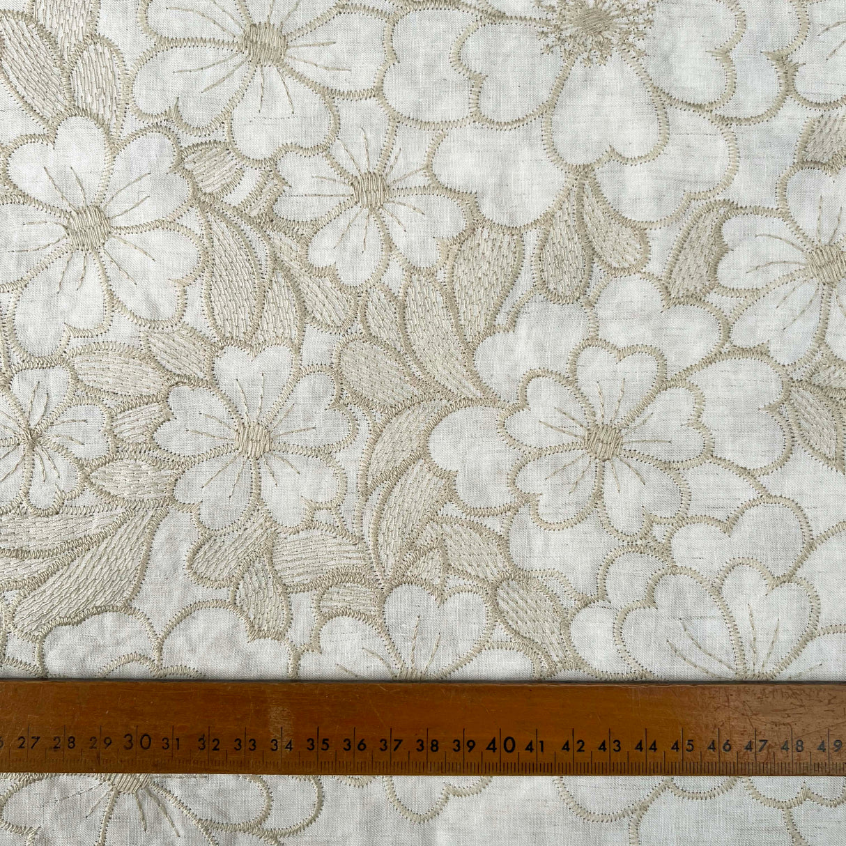Vintage_Embroidered_Cotton_Floral_Sand_169gsm_Dress_Fabric_Ruler