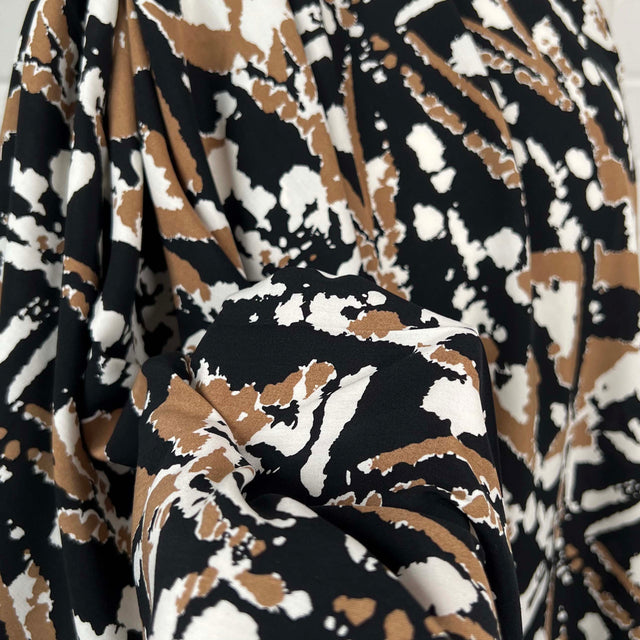 Black and Brown Printed Dress Fabric Viscose Challis Muddy Waters Close Up