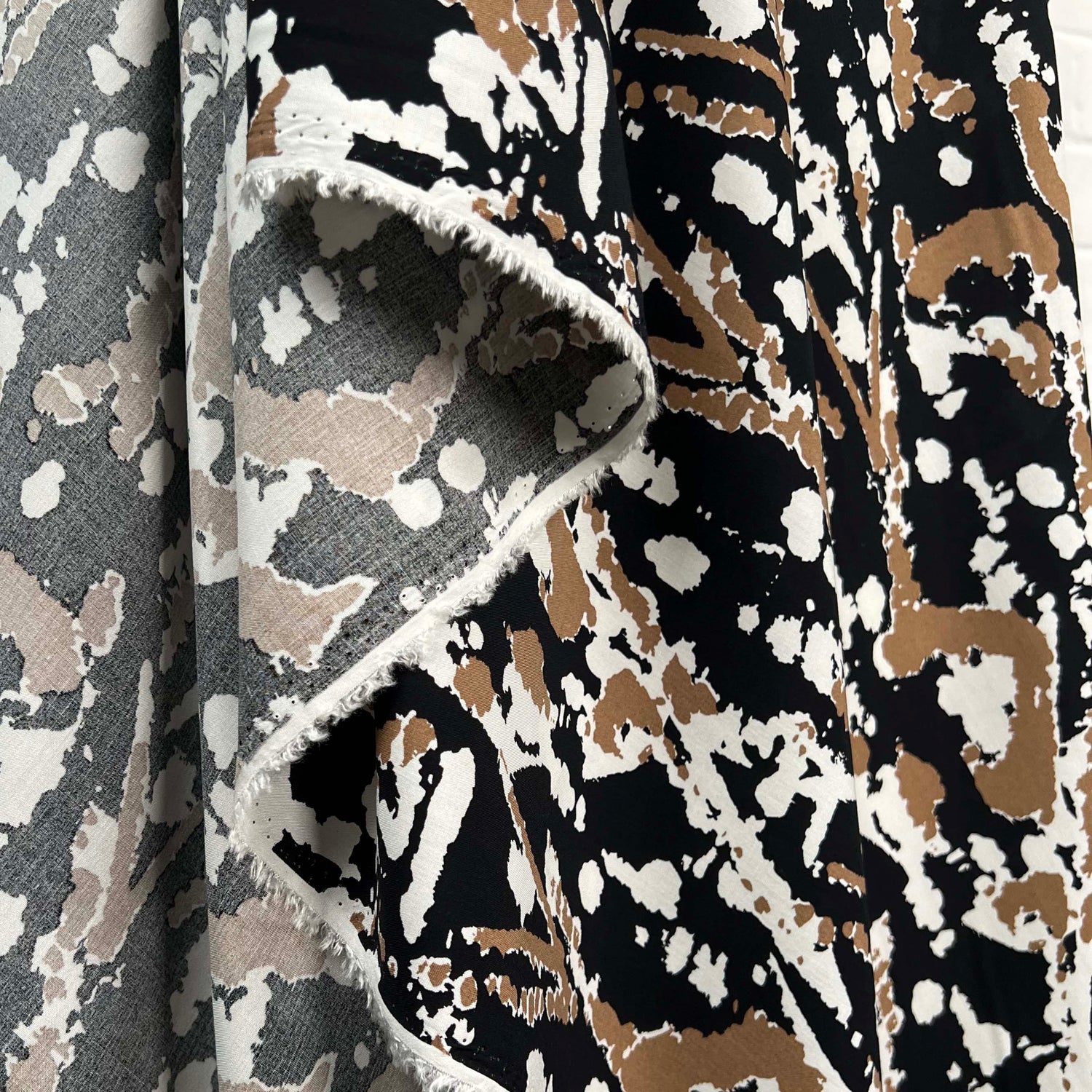 Black and Brown Printed Dress Fabric Viscose Challis Muddy Waters Hang