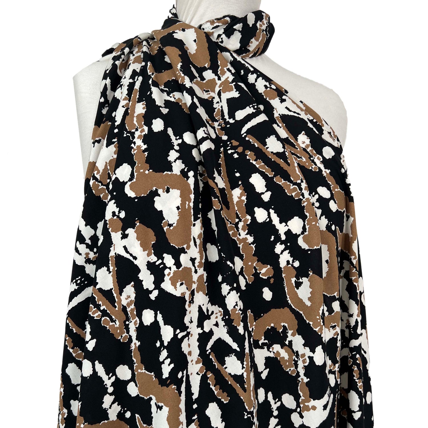 Black and Brown Printed Dress Fabric Viscose Challis Muddy Waters Mannequin