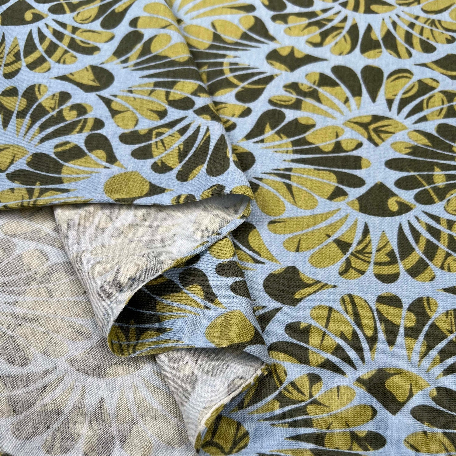 Viscose Jersey Flowerful Green Spandex Abstract Floral Knit Fabric Fold