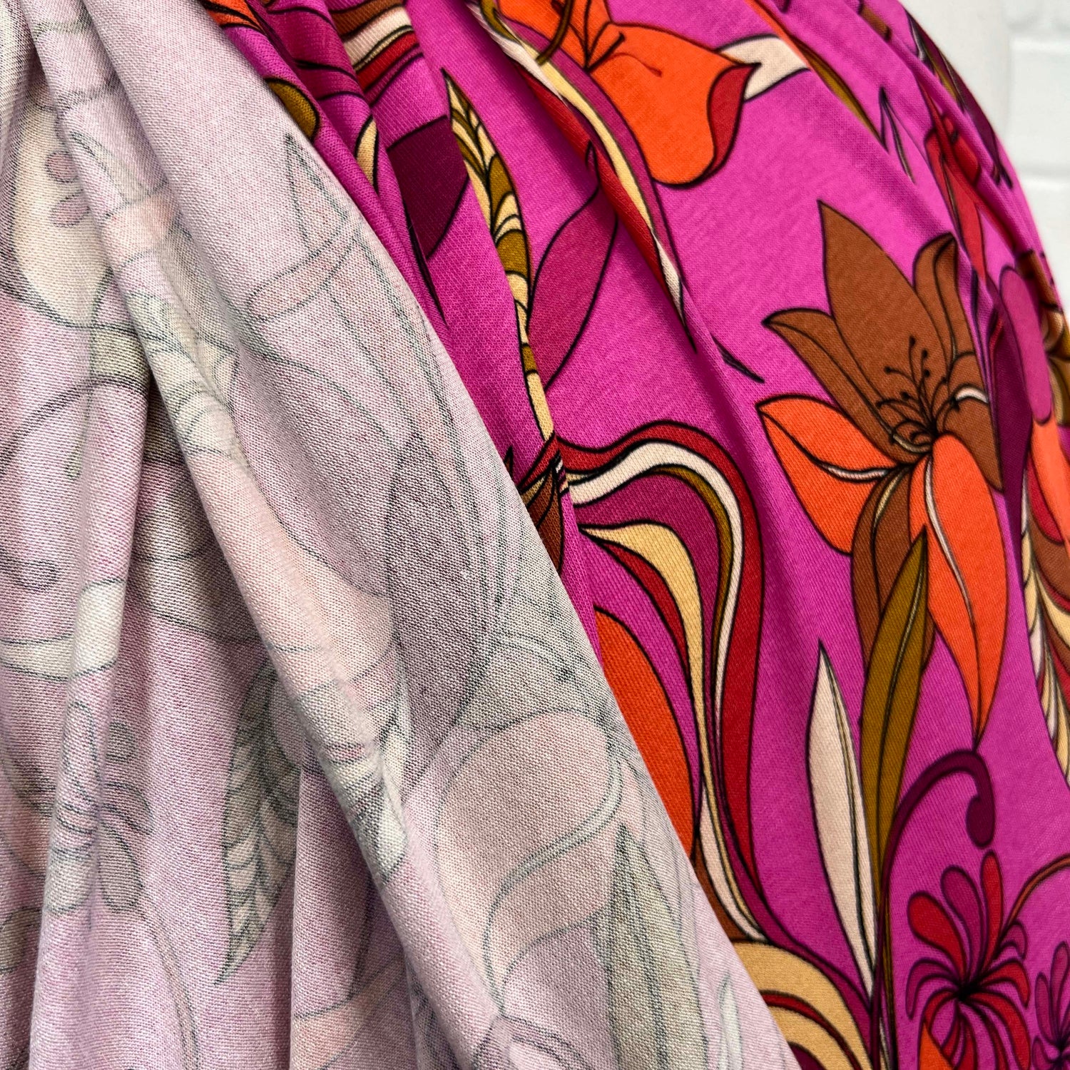 Viscose Jersey Pink And Powerful Retro Floral Fabric Hang