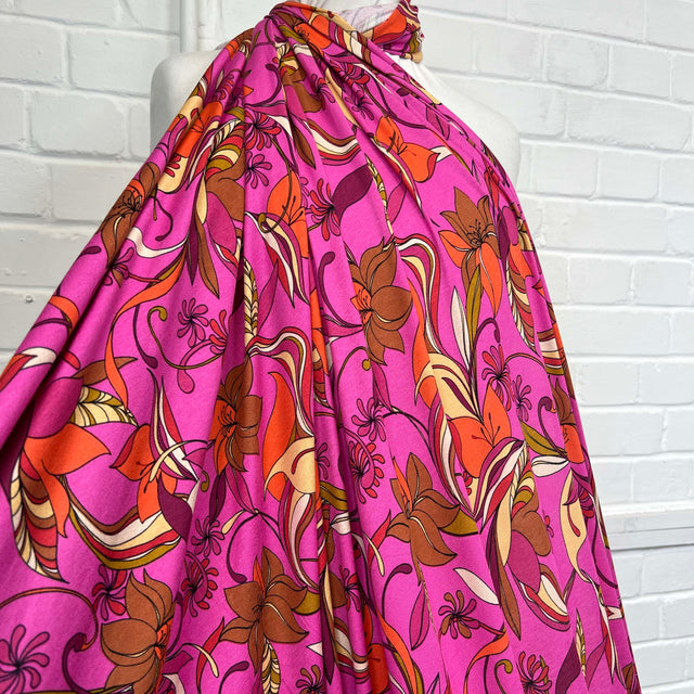 Viscose Jersey Pink And Powerful Retro Floral Fabric
