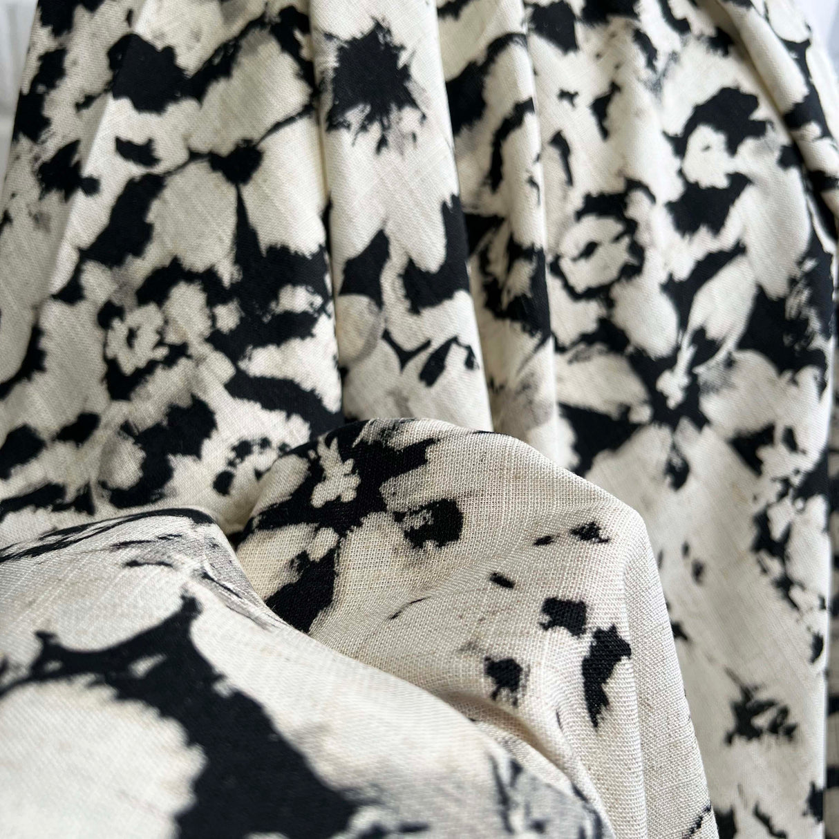 Viscose Linen Rorschach John Louden Black Cream Abstract Woven Dress Fabric Close Up