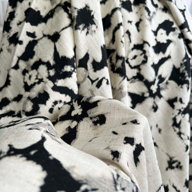 Viscose Linen Rorschach John Louden Black Cream Abstract Woven Dress Fabric Close Up