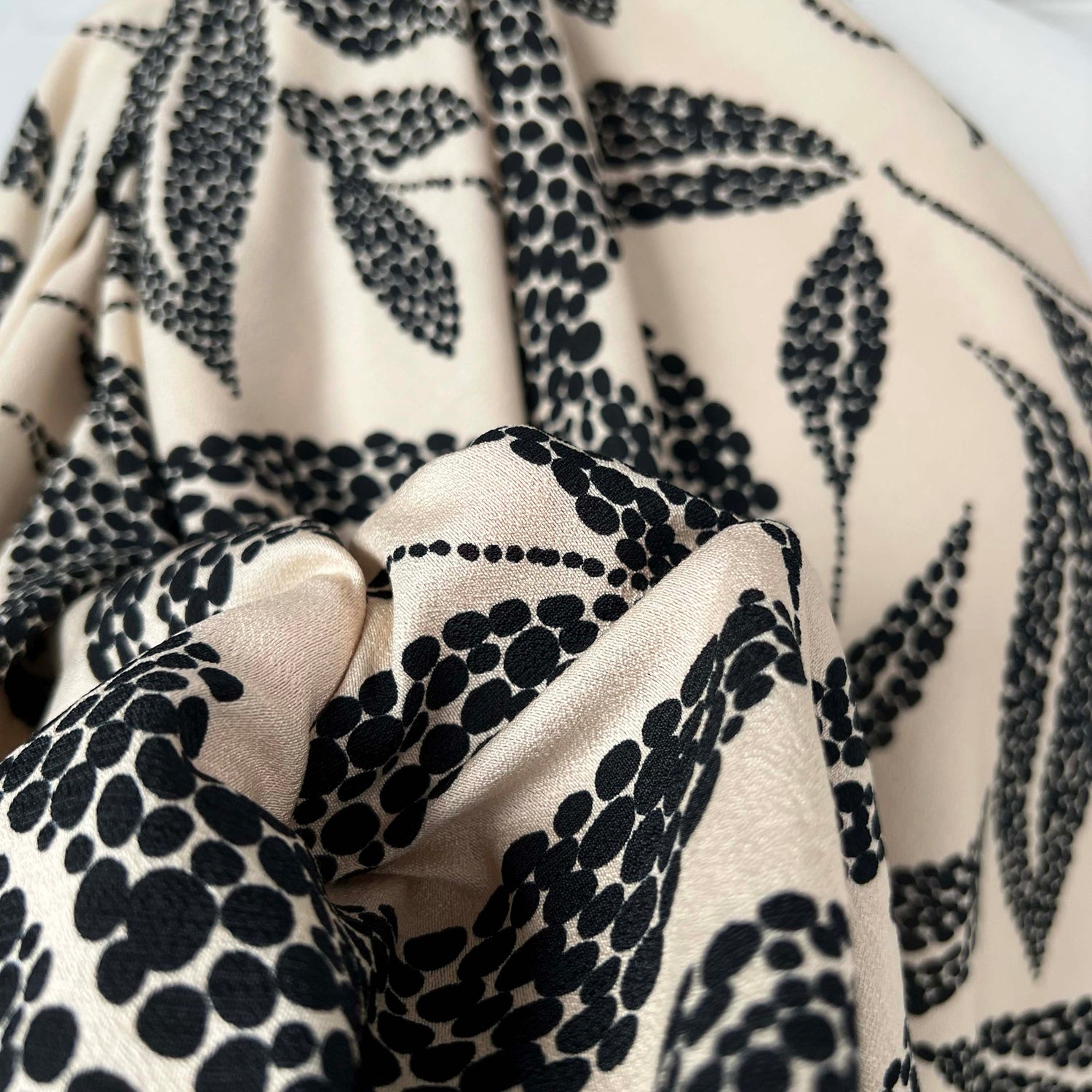 Beige Black Leaf Print Dress Fabric | Viscose Marocain Spot The Sand CU