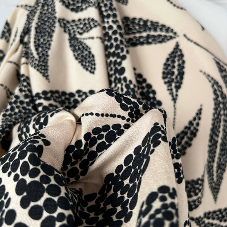 Beige Black Leaf Print Dress Fabric | Viscose Marocain Spot The Sand CU