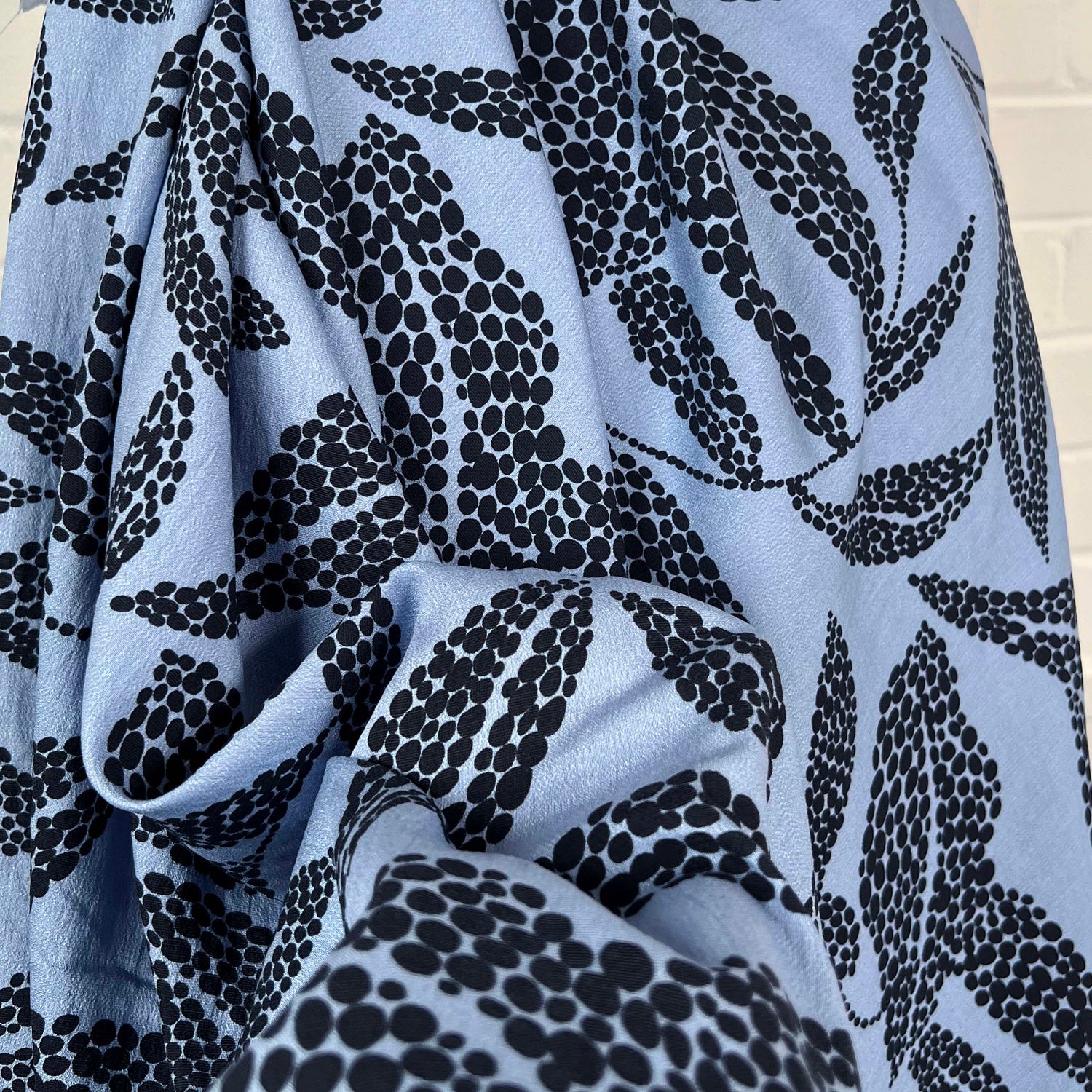 Viscose Morrocain Spot The Sky Blue Leaf Dress Fabric Close Up