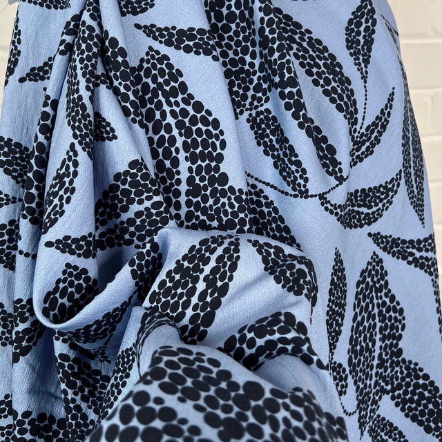 Viscose Morrocain Spot The Sky Blue Leaf Dress Fabric Close Up