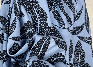 Viscose Morrocain Spot The Sky Blue Leaf Dress Fabric Close Up