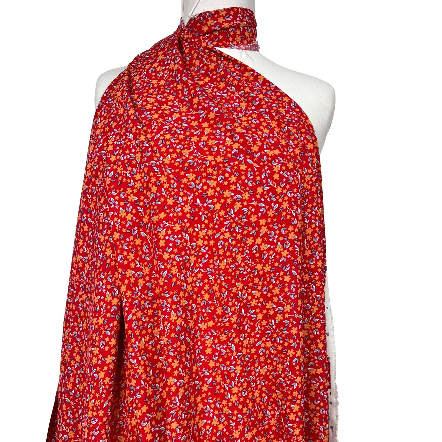 Viscose Poplin Floral Scatter Red Woven Dress Fabric Mannequin