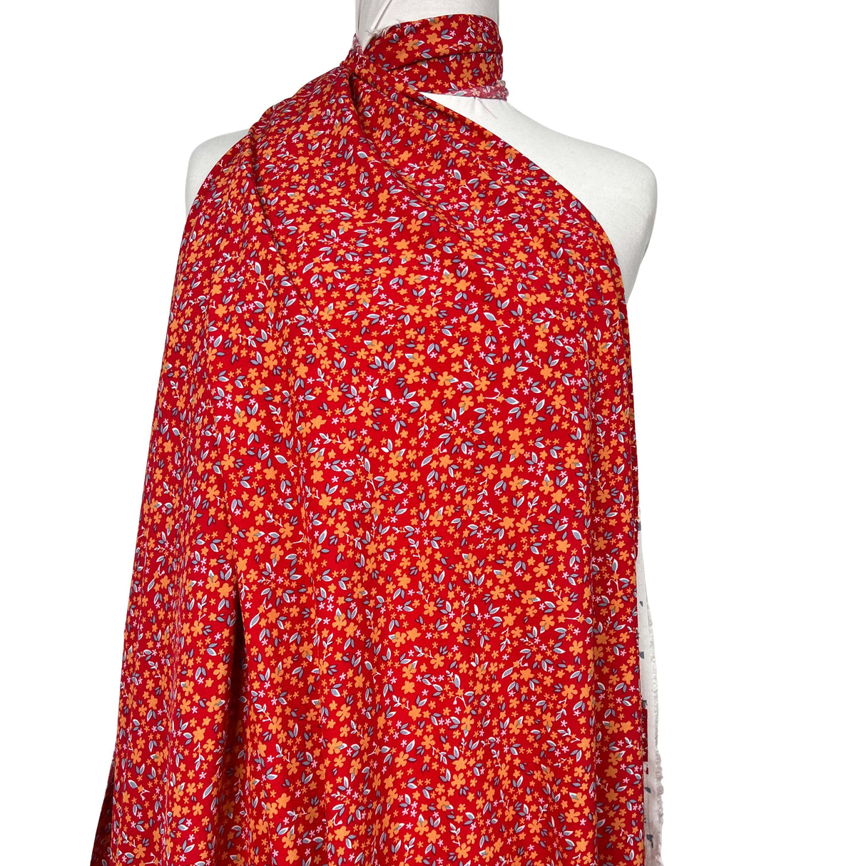 Viscose Poplin Floral Scatter Red Woven Dress Fabric Mannequin