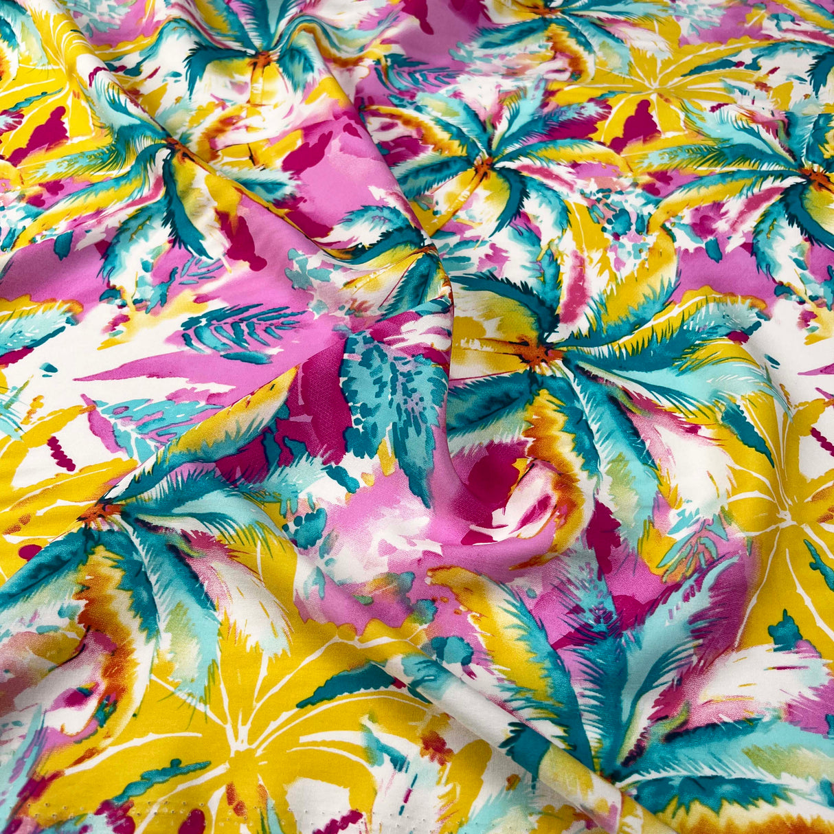 Viscose_Poplin_Paradise_Palm_Fuchsia_Abstract_Lightweight_Pink_Dress_Fabric_CU