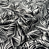 Viscose_Slub_Monochrome_Jungle_Leaf_Rayon_Spandex_Black_White_150gsm_Dress_Fabric_CU