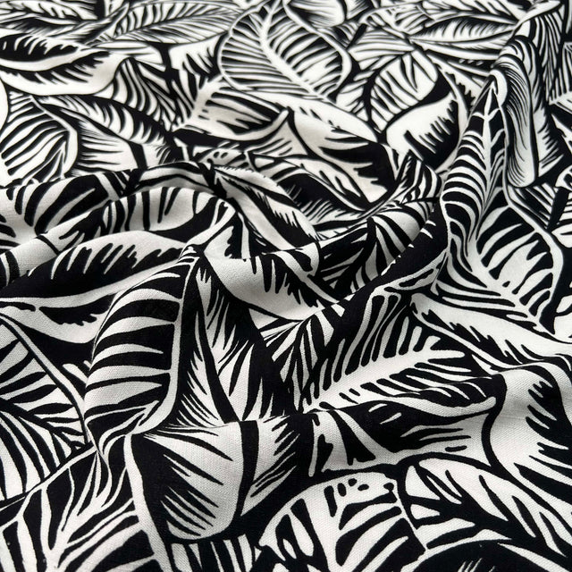 Viscose_Slub_Monochrome_Jungle_Leaf_Rayon_Spandex_Black_White_150gsm_Dress_Fabric_CU