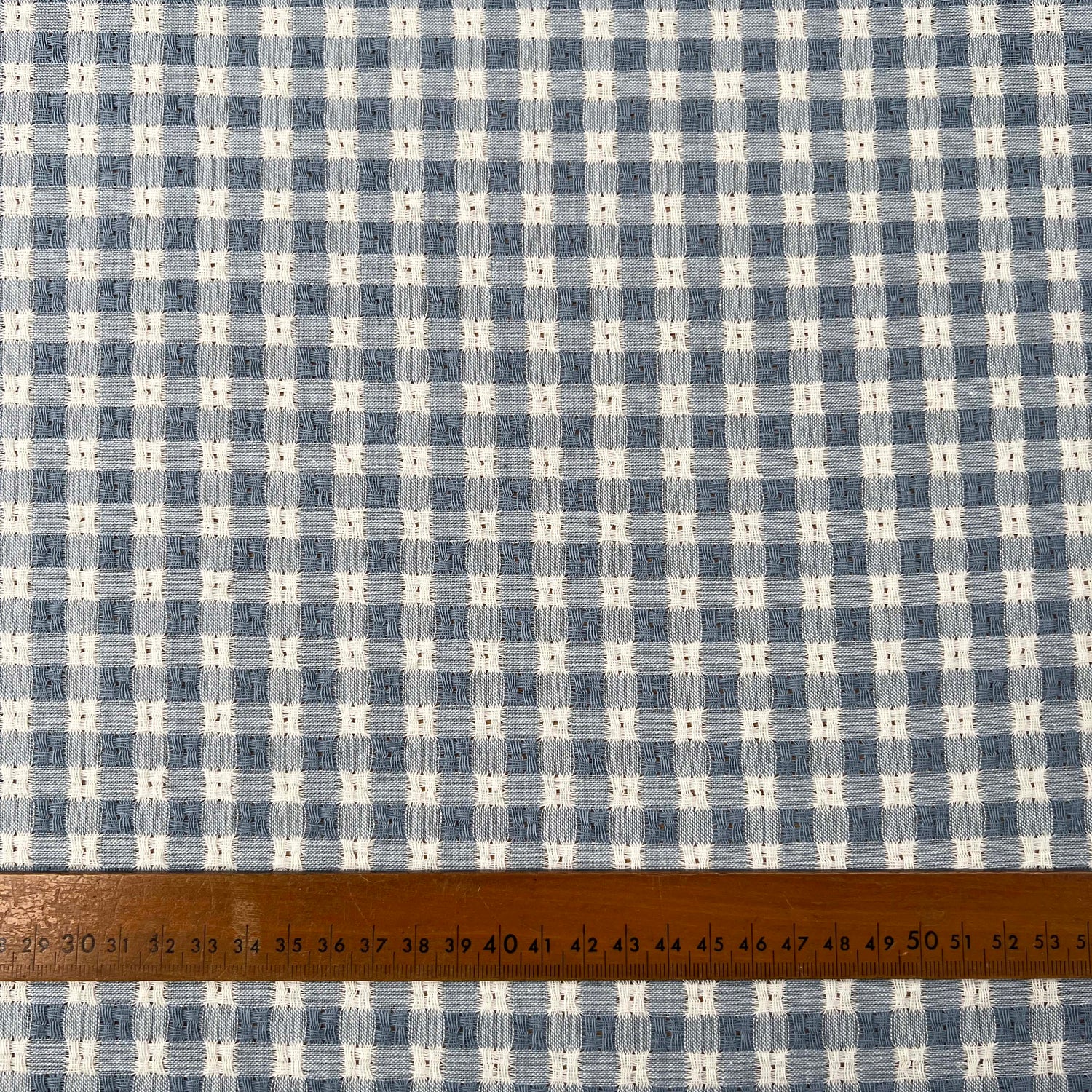 Washed_Cotton_Gingham_Jacquard_Dusty_Blue_Check_White_Woven_Shirting_Fabric_Ruler