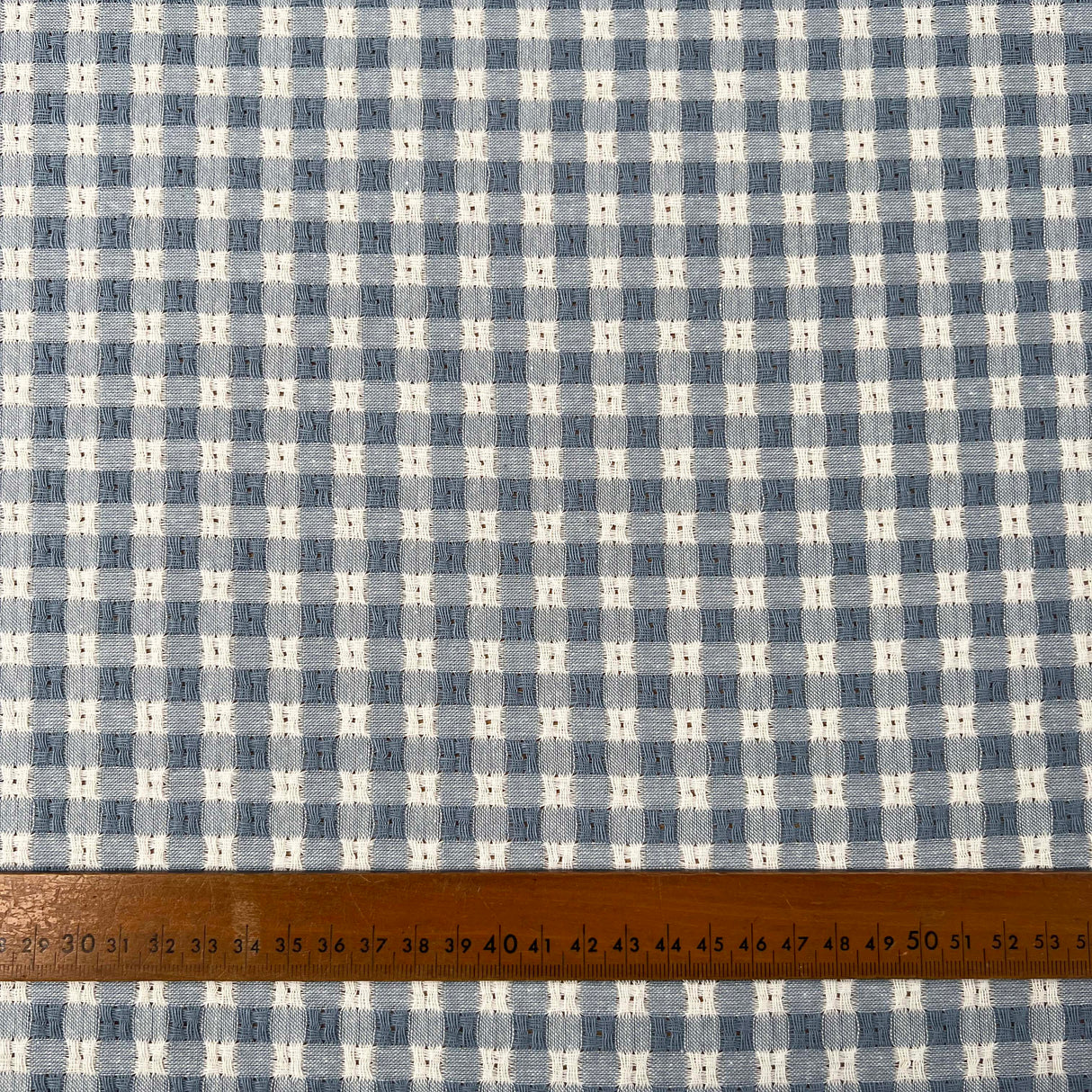 Washed_Cotton_Gingham_Jacquard_Dusty_Blue_Check_White_Woven_Shirting_Fabric_Ruler