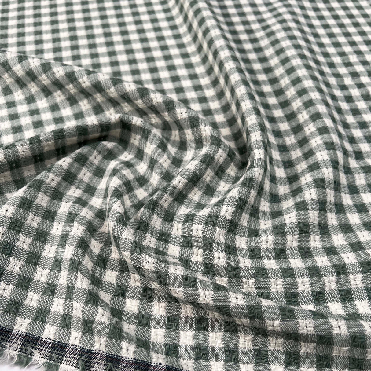 Washed_Cotton_Gingham_Jacquard_Dusty_Mint_Green_Check_White_Woven_Shirting_Fabric_CU