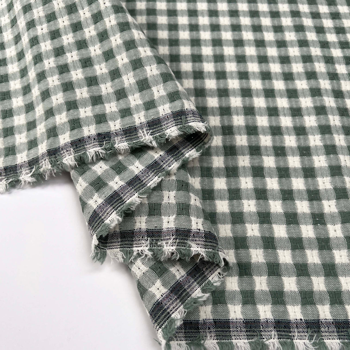 Washed_Cotton_Gingham_Jacquard_Dusty_Mint_Green_Check_White_Woven_Shirting_Fabric_Fold
