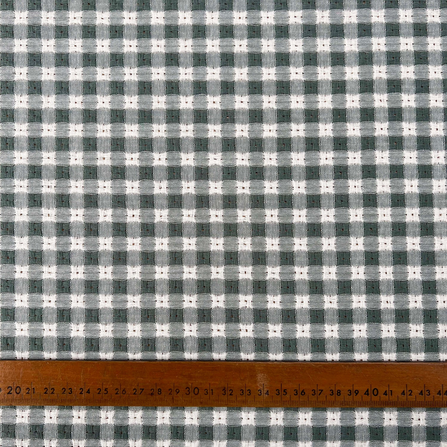 Washed_Cotton_Gingham_Jacquard_Dusty_Mint_Green_Check_White_Woven_Shirting_Fabric_Ruler