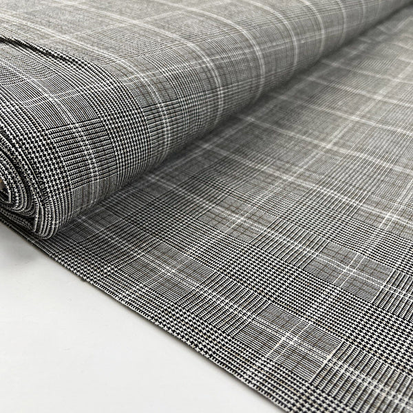 A Mixture Polyester Viscose Linen Black Cream Check Suiting Fabric Bolt