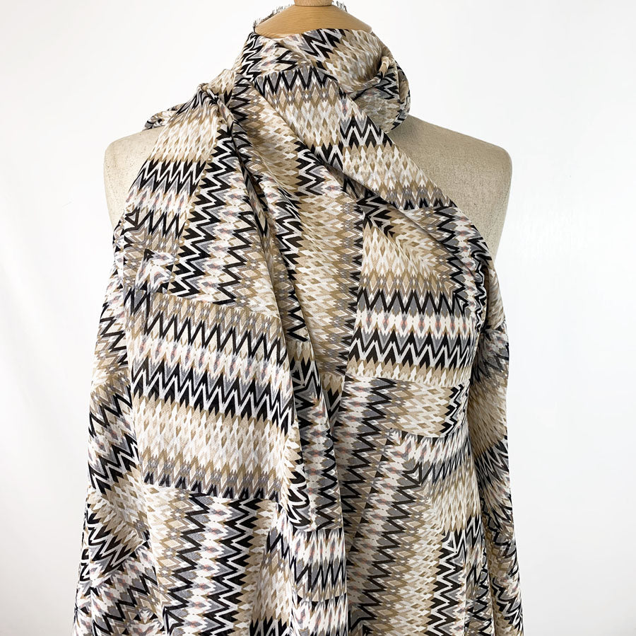 Abstract Zig Zag - Beige & Black Chiffon