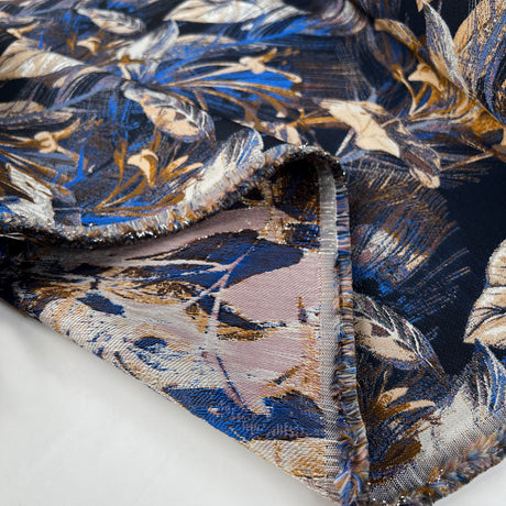 Abstraction Brocade Polyester Metallic Floral Navy Gold Jacquard Dress Fabric Fold