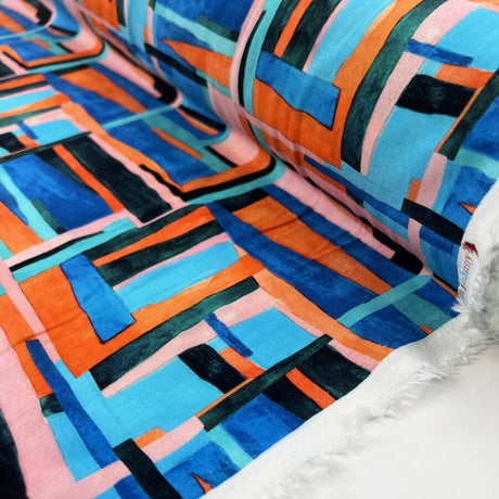 Abstractions Rayon Challis Viscose Geometric Blue Orange Dress Fabric Roll