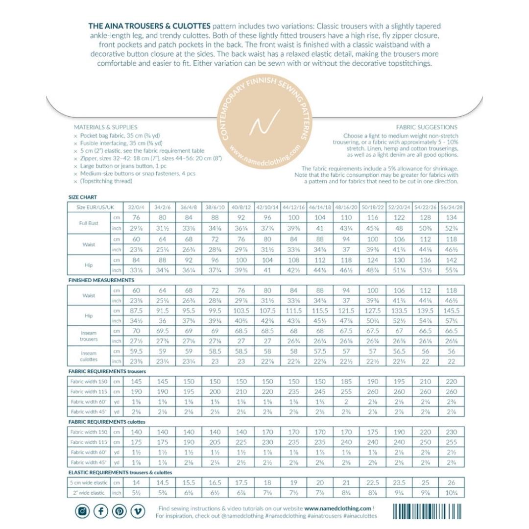 Named - Aina Trousers & Culottes Pattern (UK 4-28)