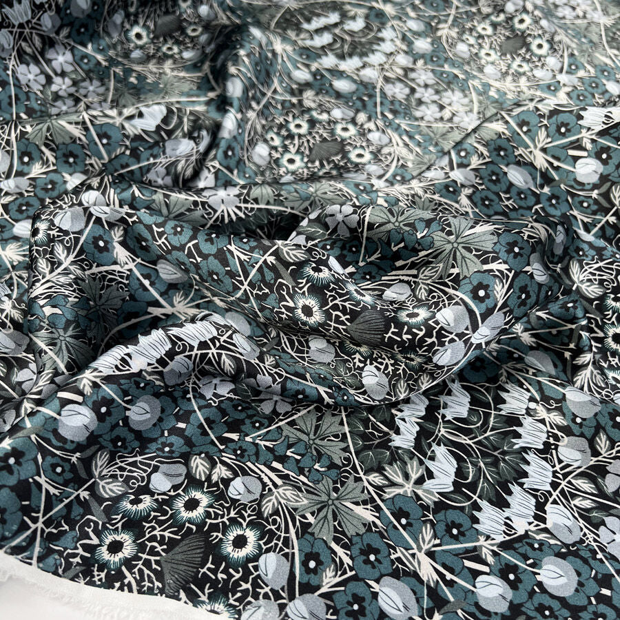 Albany 16 Momme Silk Jane Satin Print Black Teal Floral Dress Fabric