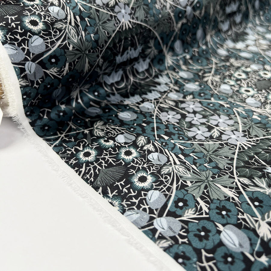 Albany 16 Momme Silk Jane Satin Print Black Teal Floral Dress Fabric Roll