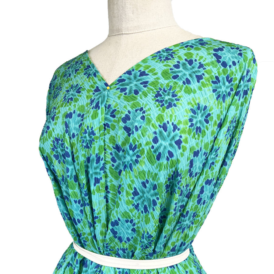 Polyester Lycra Seersucker Blue Green Dress Fabric