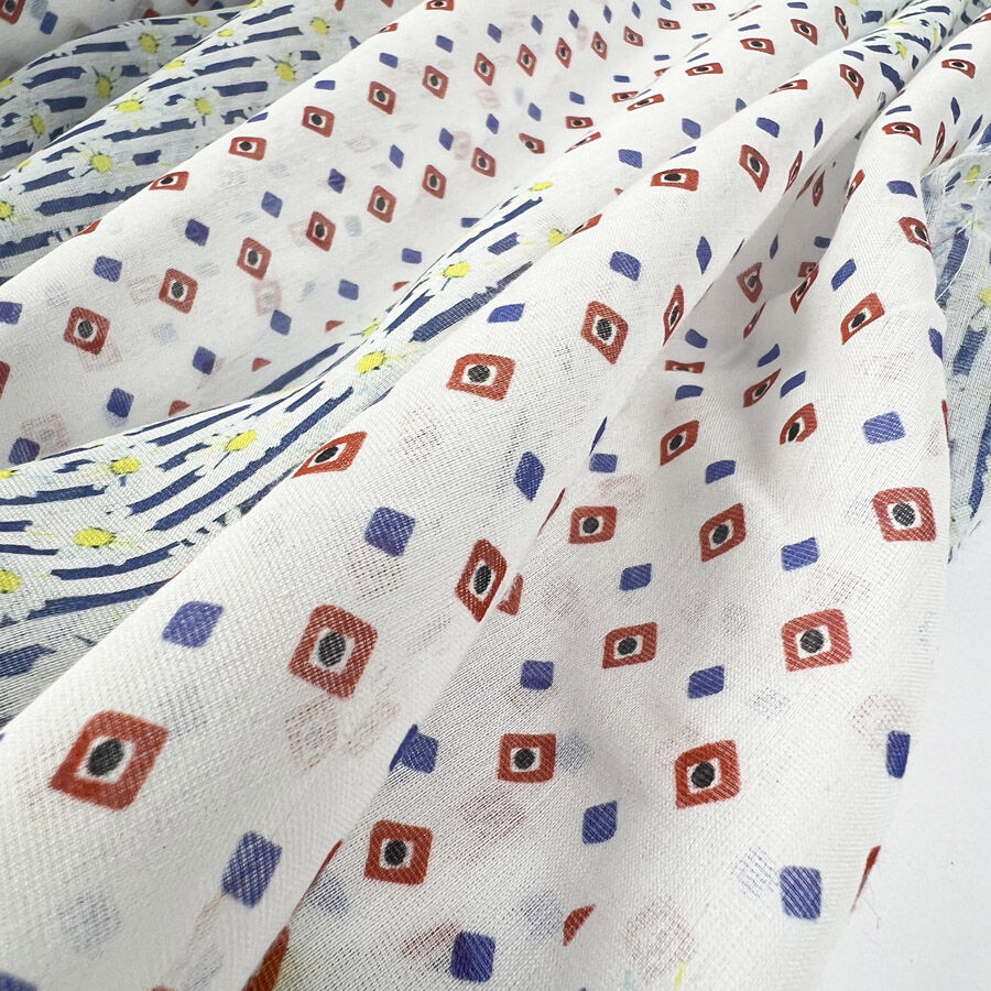 Atelier Harlequin Red White Blue Silk Cotton Square Abstract Italian Ex Designer Dress Fabric