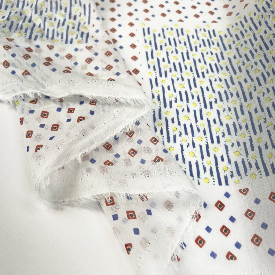 Atelier Harlequin Red White Blue Silk Cotton Square Abstract Italian Ex Designer Dress Fabric Fold