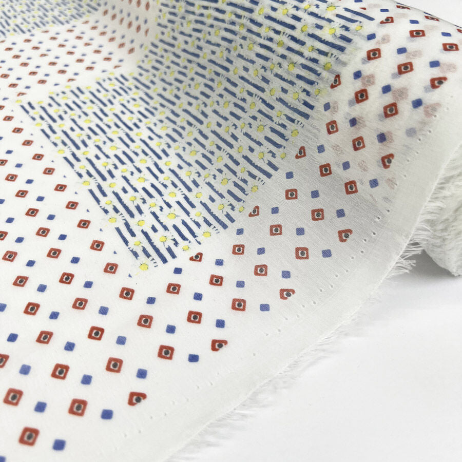 Atelier Harlequin Red White Blue Silk Cotton Square Abstract Italian Ex Designer Dress Fabric Roll