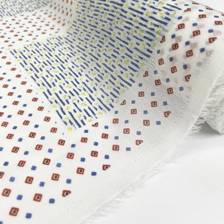 Atelier Harlequin Red White Blue Silk Cotton Square Abstract Italian Ex Designer Dress Fabric Roll