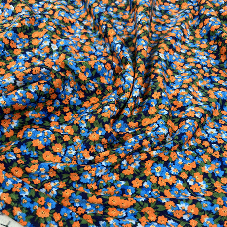 Austrian Jersey Sunset Floral Cotton Stretch Knit Orange Blue Dress Fabric