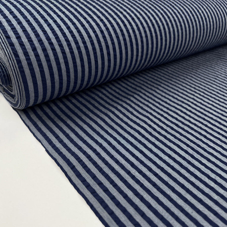 Austrian Seersucker Mariner Cotton Blue Navy Grey Stripe Dress Fabric Bolt
