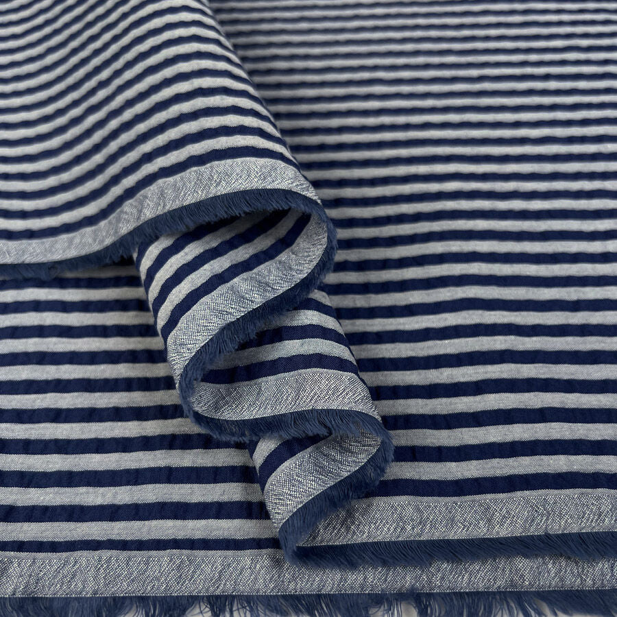 Austrian Seersucker Mariner Cotton Blue Navy Grey Stripe Dress Fabric Fold
