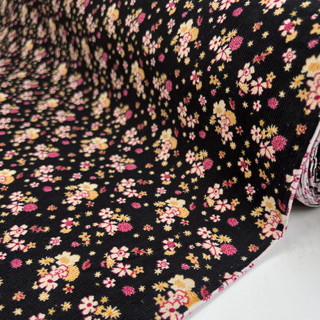 Baby Driver Flower Power Black Cotton Needlecord Pink Yellow Abstract Corduroy Dress Fabric Roll