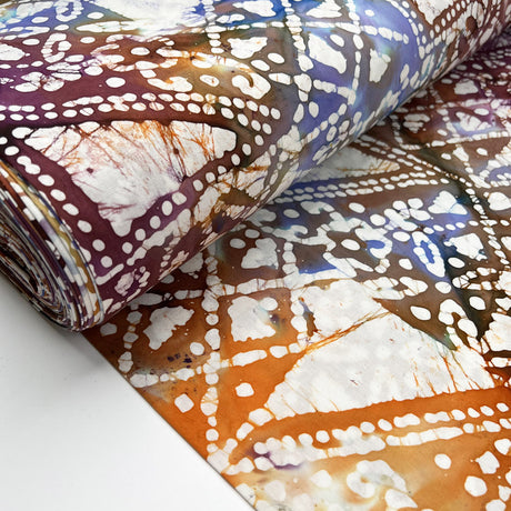 Batik Tribal Sunset Purple Orange White Abstract Cotton Woven Dress Fabric Roll
