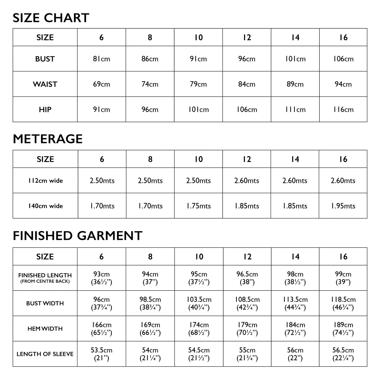 Bella Dress Size Chart