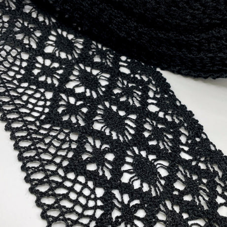 Black Crochet Cotton Lace Scalloped Edge Trim Wide Diamond Roll