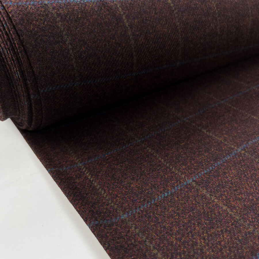 British Wool Plum Check Burgundy Blue Coating Fabric Bolt