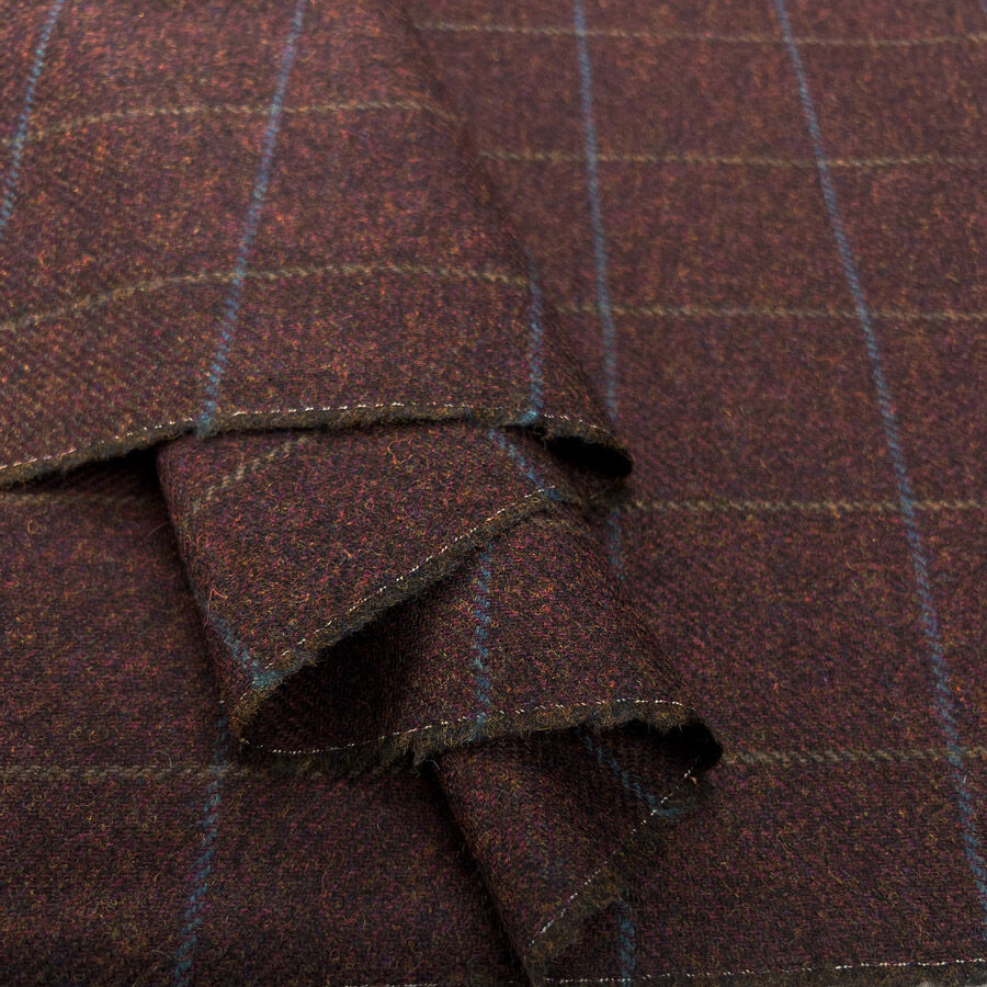 British Wool Plum Check Burgundy Blue Coating Fabric Fold
