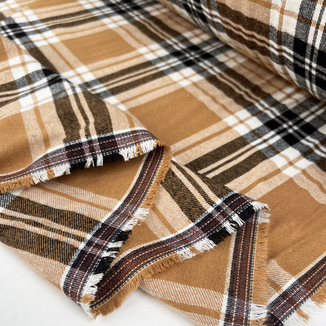 Brushed Cotton Brook Camel Check Plaid Black White Winceyette Flannel Shirtitng Fabric Fold