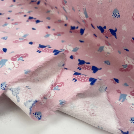 Brushed Cotton Poodle Playtime Pink Blue White Dog Winceyette Flannel Fabric Fold