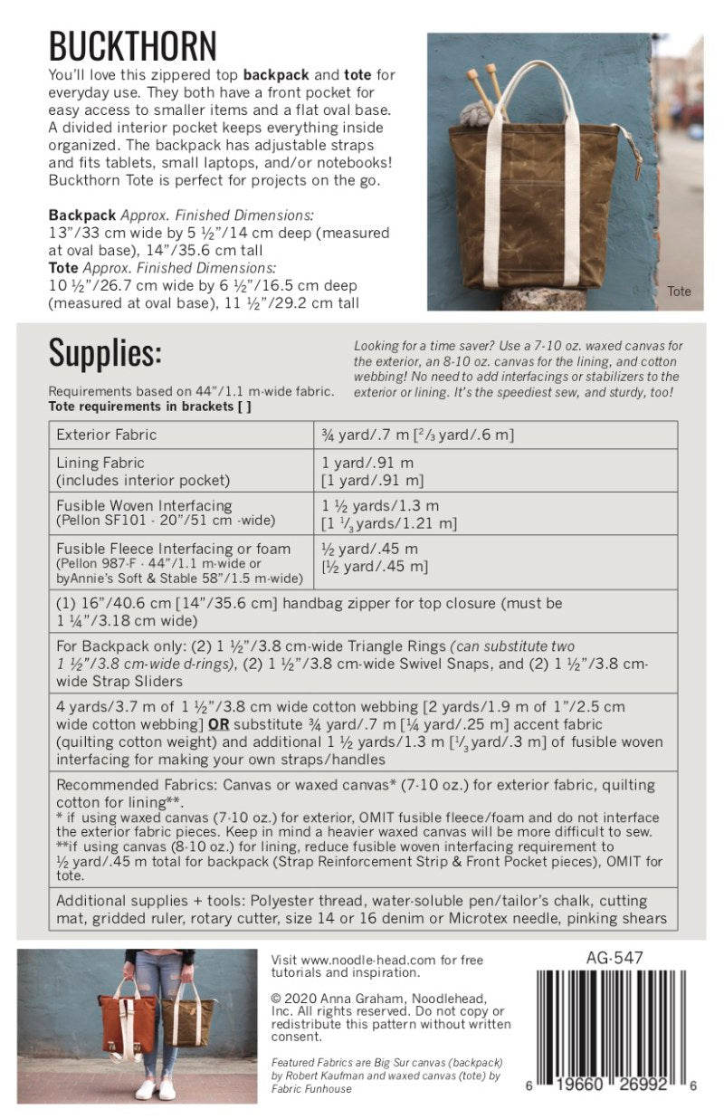 Noodlehead - Buckthorn Backpack & Tote Pattern