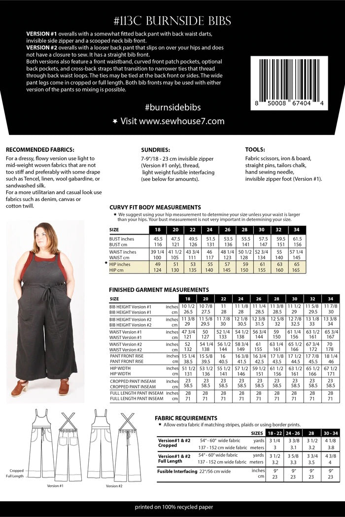 Sew House Seven - Curvy Burnside Bibs Pattern (Sizes 18-34)